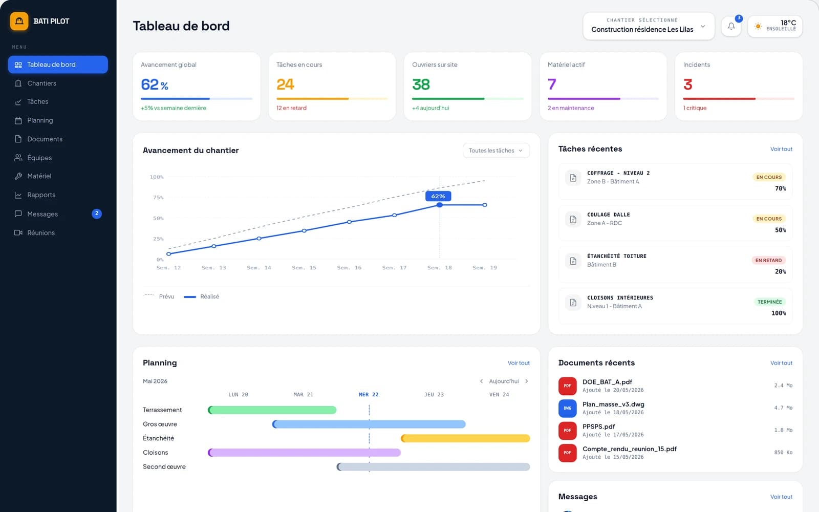 Mockup tableau de bord BatiPilot — avancement chantier, planning Gantt, tâches et documents