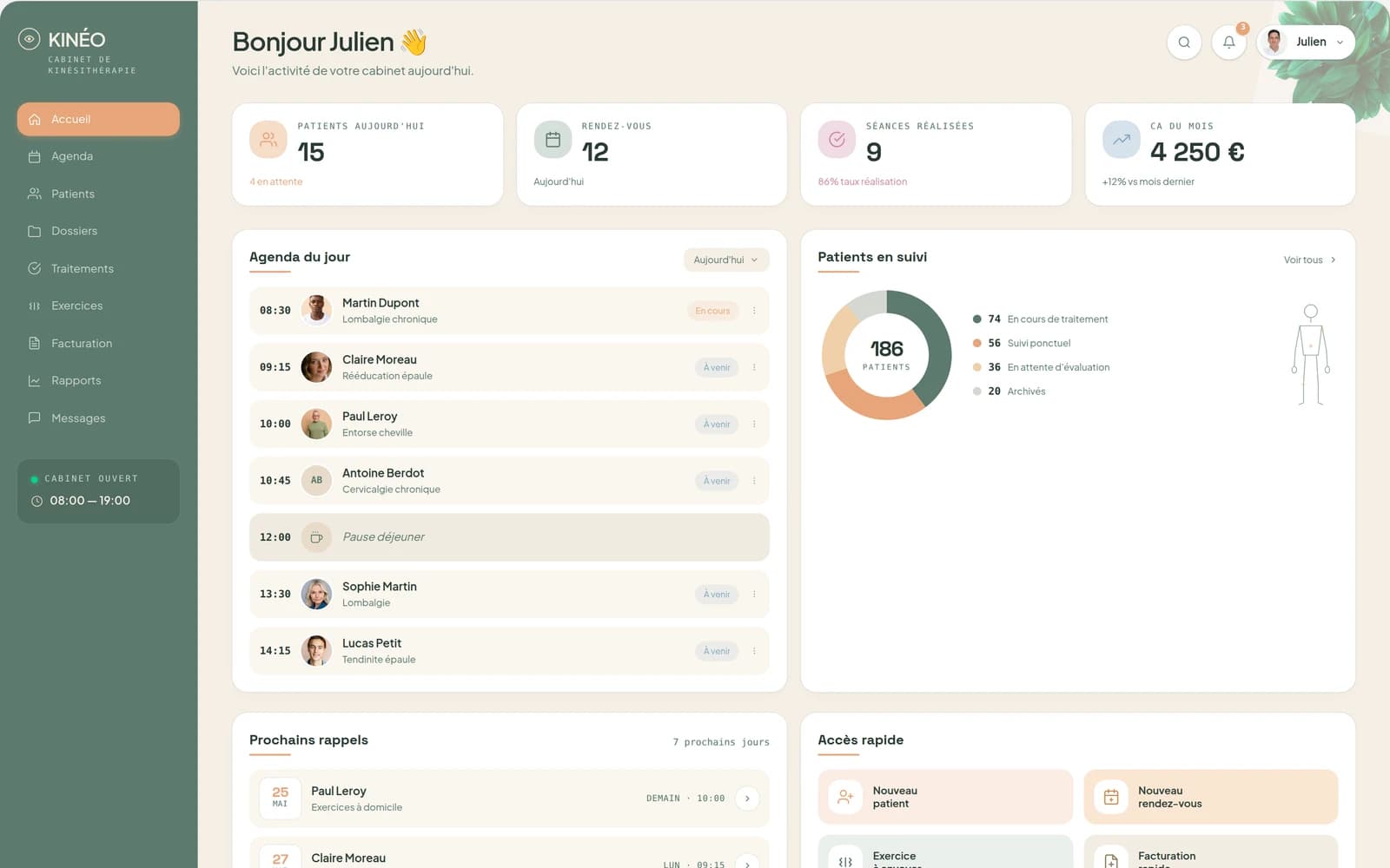 Mockup tableau de bord Kinéo — agenda du jour, patients en suivi, indicateurs cabinet