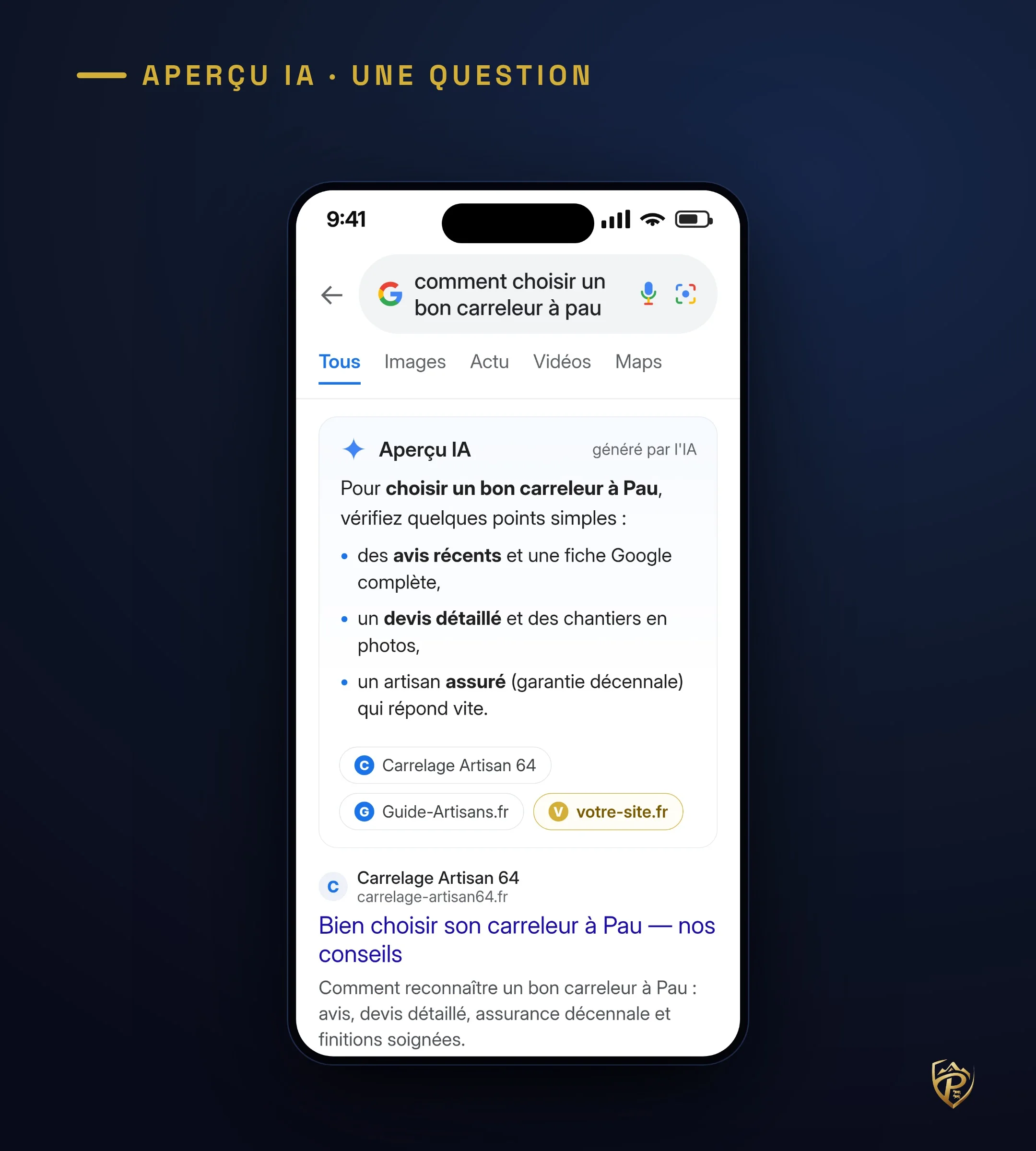 Aperçu IA de Google sur « comment choisir un bon carreleur à Pau » avec un résumé et des sources citées