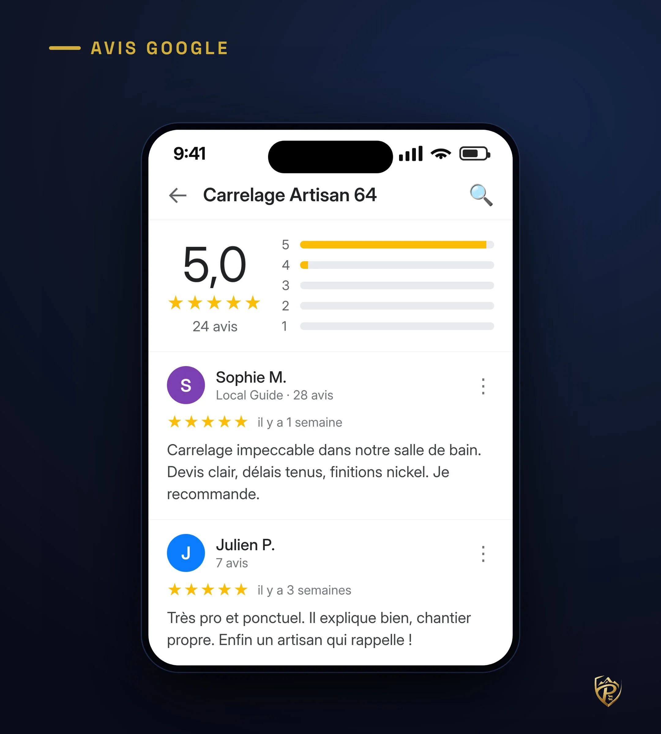 Avis Google d'un carreleur : note 5 sur 5, 24 avis, avis clients récents et détaillés
