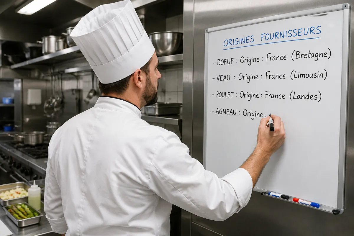 Chef remplissant un tableau effaçable des origines fournisseurs en cuisine