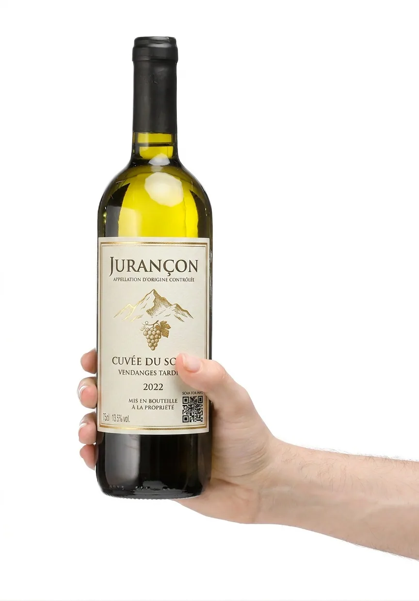 Bouteille de Jurançon avec QR code visible sur la contre-étiquette
