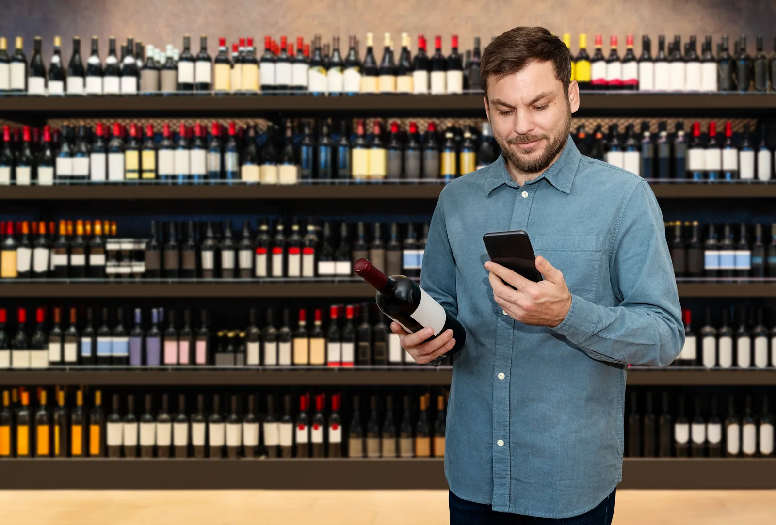 Smartphone scannant une bouteille de vin